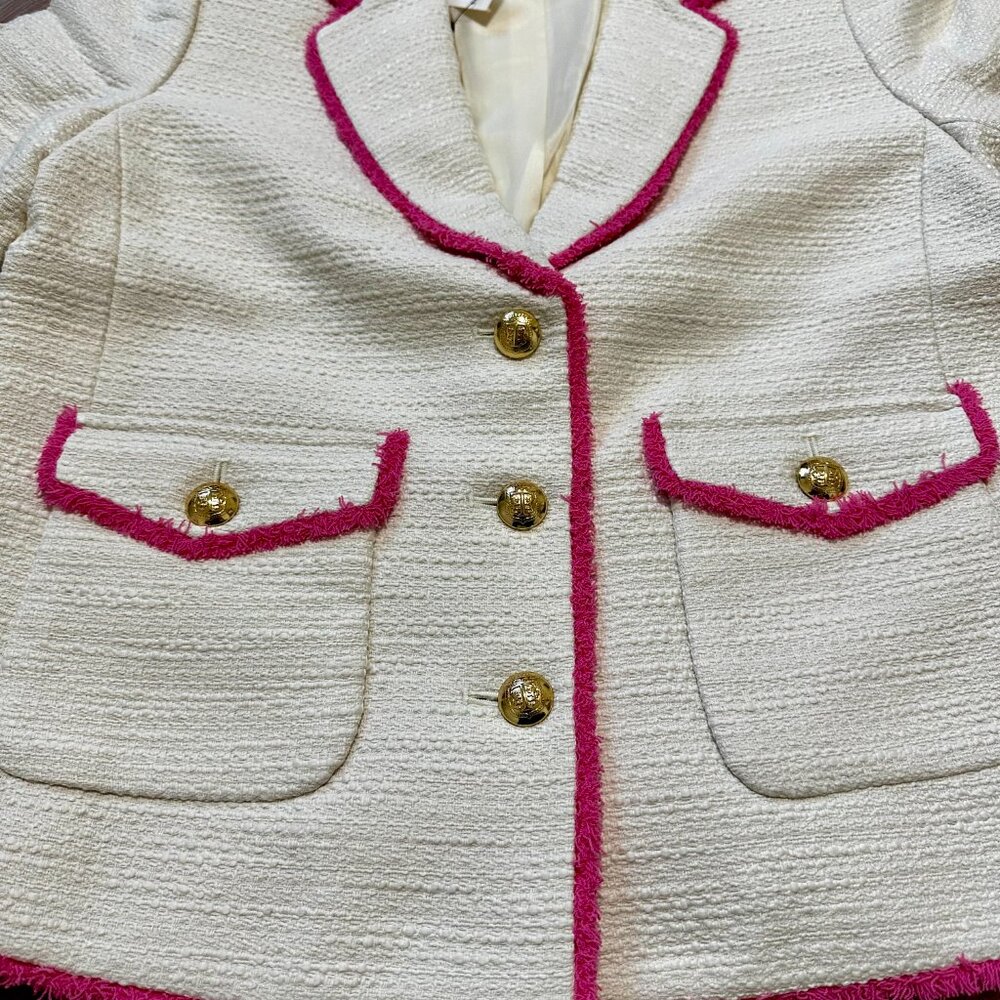 NWT - Talbots Tweed Fringe Jacket 6 Petite Cream Pink Trim Gold Buttons Blazer - Picture 6 of 14